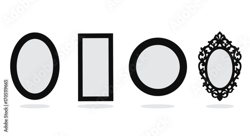 Collection of four ornate and simple mirror frames oval rectangular and decorative shapes vector