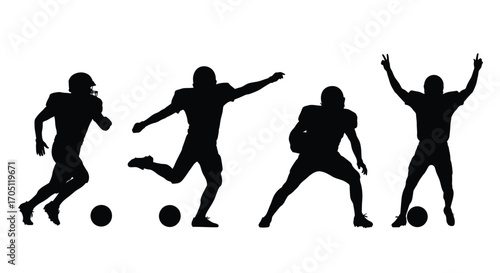 Dynamic silhouette collection of american football players in action poses vector