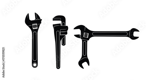 Collection of three black adjustable and open end wrenches isolated on white vector