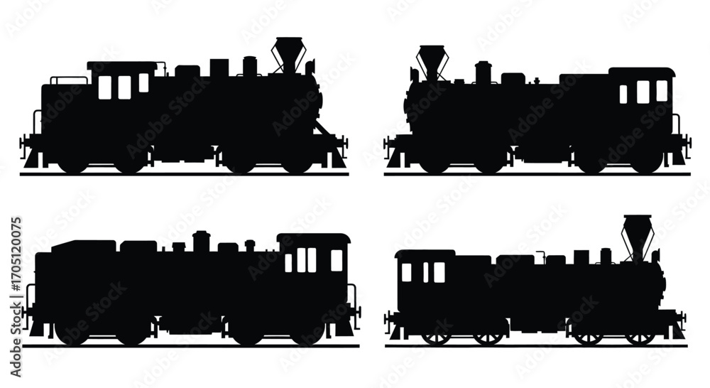 Fototapeta premium Collection of four silhouette steam train engines illustrating historical railroad transportation vector