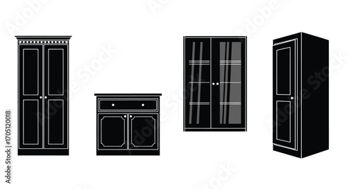 Collection of four dark vintage wardrobes and cabinets displayed on a vector