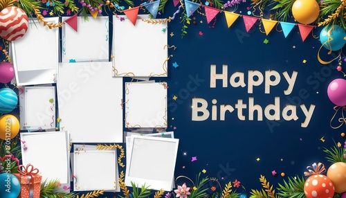 Happy birthday frame with photo placeholders, balloons, flags, and festive decorations