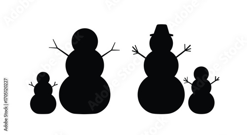 Silhouette family of snowmen building winter fun merry christmas festive celebration vector