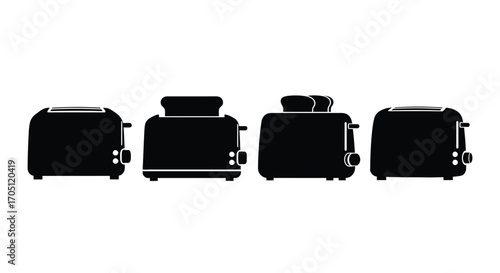 Set of four modern kitchen toasters silhouettes for breakfast food preparation appliances vector
