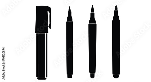 Set of four black markers with different tips for drawing and writing studio isolated vector