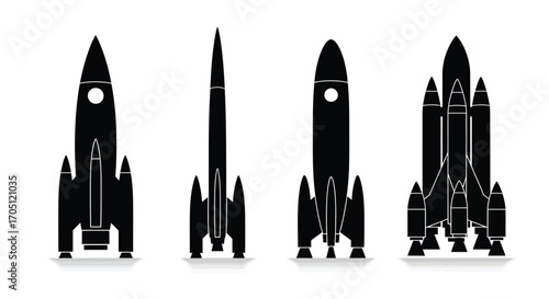 Four silhouette space rockets and spaceships ready for space exploration and sci-fi adventure vector