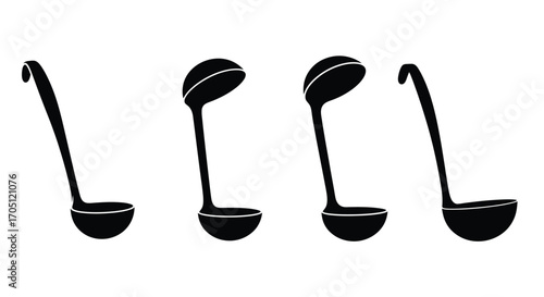 Collection of four silhouette ladles for cooking and serving soup kitchen utensils vector
