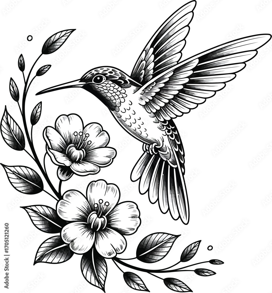 Obraz premium Black and white hummingbird with flowers and leaves