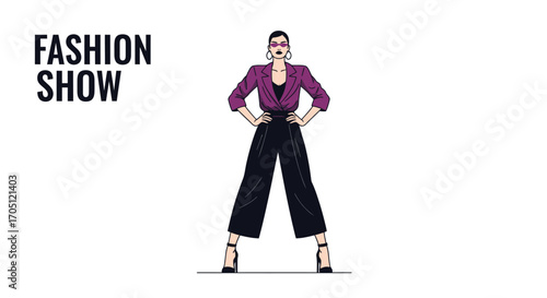 Fashion Show Illustration Featuring a Confident Woman in Stylish Purple Jacket and Wide-Legged Pants, Posed for the Runway with Bold Accessories
