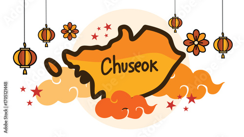 Chuseok background with korea map lantern flowers and clouds