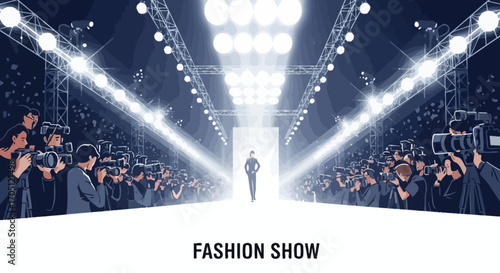 Fashion Show Runway Event with photographers and spotlights, model walking down the runway at a glamorous fashion show event with the audience captured by camera flashes