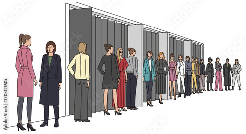 Diverse group of people standing in a line, showcasing different fashion styles and ages, representing a modern social gathering or shopping experience in an urban setting