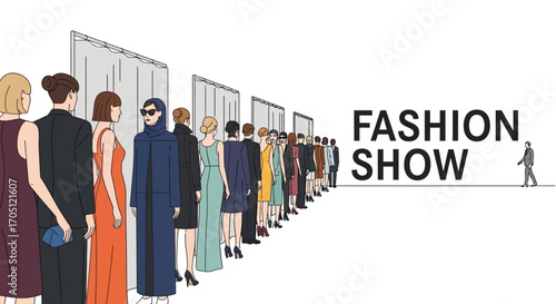 A diverse group of people dressed in stylish attire stand in line for an exclusive fashion show event, anticipating the latest trends and designs presented on the runway
