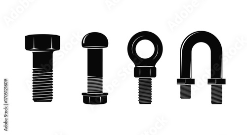Set of black metal fasteners including bolts eye bolt and u bolt industrial hardware vector