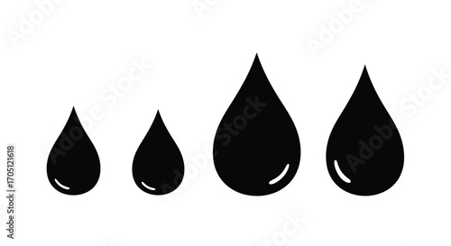Four dark black drops of liquid or ink symbolizing flow size variation and purity vector