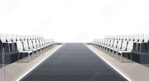 Fashion show runway with rows of empty chairs awaiting the audience, emphasizing anticipation and the beginning of an event
