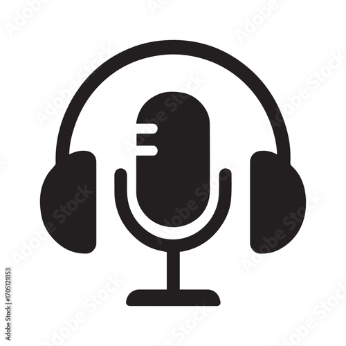 Icon of headphones over microphone symbolizing audio recording podcast broadcast music isolated on white background