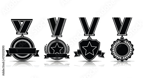Set of four textured silhouette medals with ribbons representing achievement and victory vector