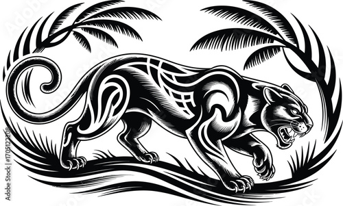 Black panther with tribal markings walking under palm fronds