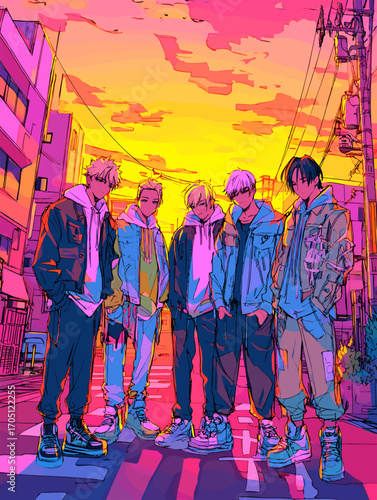 ストリートファッションの若者たちのイラスト