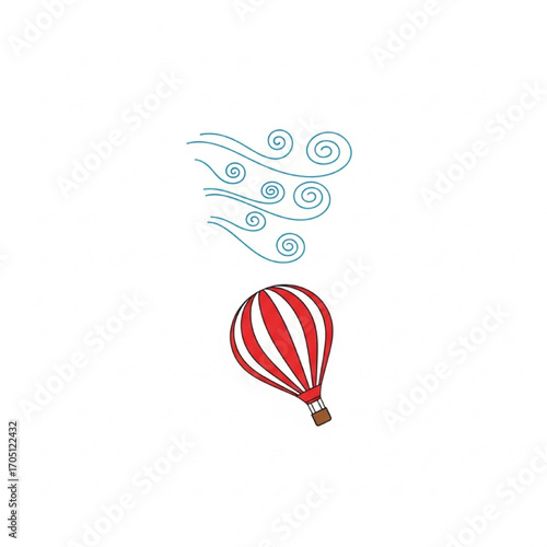Red hot air balloon floating on the wind, a minimalist vector icon representing travel and freedom