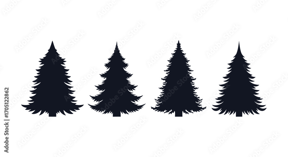 Obraz premium Four textured dark pine trees silhouettes for winter holiday and nature design elements vector