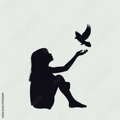 Symbol of peace and freedom, a young girl's silhouette releasing a flying dove