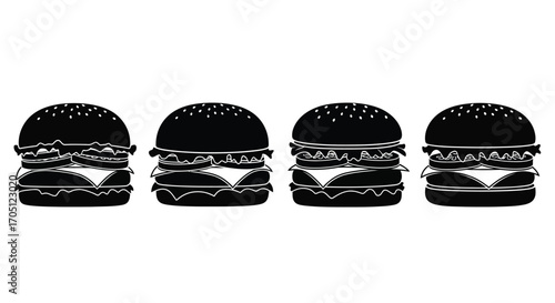 Four identical black hamburgers in a row with cheese and layers on white vector