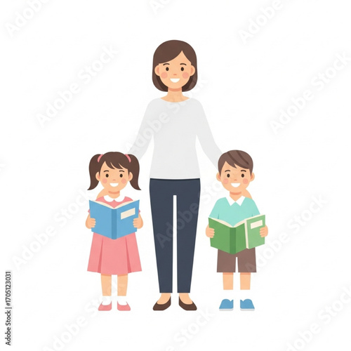 Happy Teacher with Students Reading Books