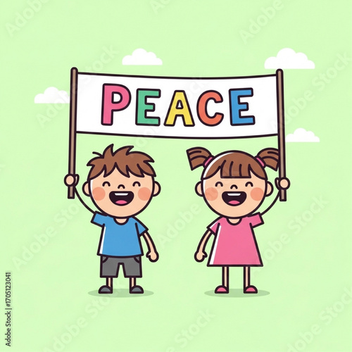Children holding a banner promoting peace and unity, symbolizing hope and a brighter future