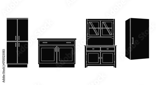 Collection of kitchen cabinets and storage furniture silhouettes isolated on vector