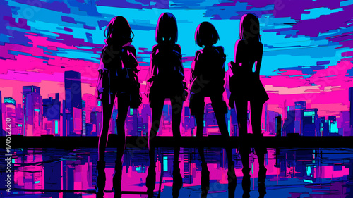 80年代レトロアニメ風のアイドルグループのシルエットベクターイラスト
