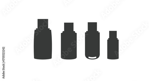 Four silhouette dark bottles pharmaceutical cosmetics or food grade containers different sizes vector