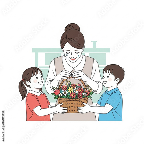 Family love concept" with children giving a flower gift basket to their appreciative mother
