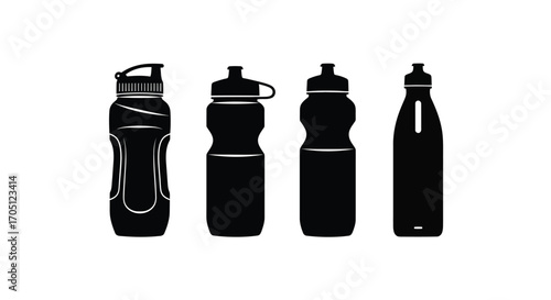 Collection of four black silhouette sports water bottles for fitness and hydration vector