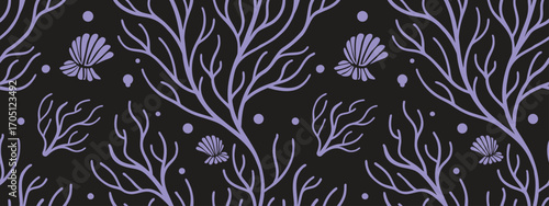 Seamless marine pattern with corals, seashells, and ocean elements in minimal style. Elegant underwater illustration for fabric, wallpaper, and wrapping design. Perfect for summer, beach, and nautical