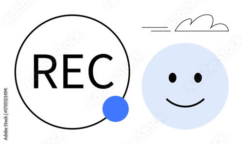 Smiling blue face next to a REC button with a dot indicator, minimal cloud in motion line style. Ideal for video recording, media, communication, creativity, happiness, technology, digital