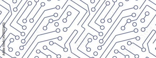 Seamless circuit board pattern with connected lines and nodes in abstract electronic design, perfect for technology backgrounds, futuristic layouts, and modern digital templates.
