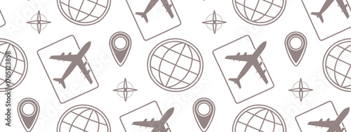 Seamless travel pattern with airplanes, globes, and location icons in a clean modern design. Perfect for tourism, packaging, textiles, and digital backgrounds. Stylish aviation motif for creative 
