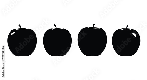Four black silhouette apples in a row minimalist food photography composition vector