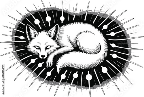 White fox curled up with radiating lines and circles