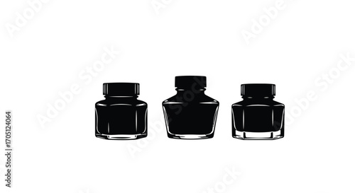 Three vintage black ink bottles arranged neatly for artistic creation and writing vector