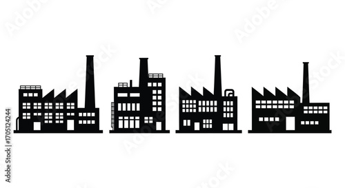 Industrial factory silhouettes collection set of manufacturing buildings with smokestacks on white vector