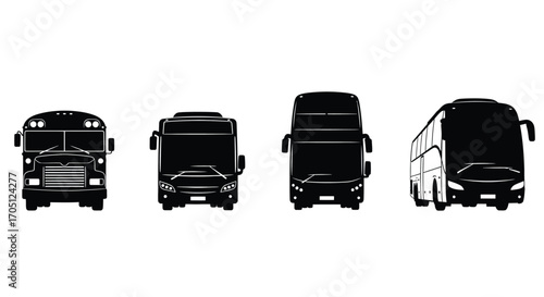 Collection of diverse modern buses silhouettes front and side views transportation concept vector