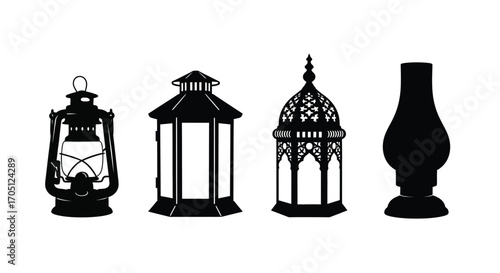 Collection of four silhouette lanterns traditional and decorative styles illuminated objects vector