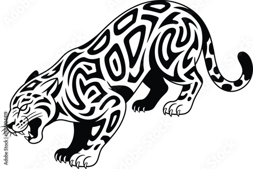 Black tribal jaguar roaring with open mouth and sharp claws
