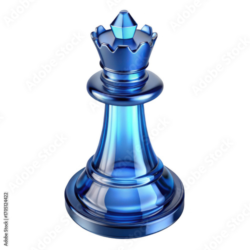 Shiny blue glass chess queen piece isolated on black strategic board game element isolated on transparent background