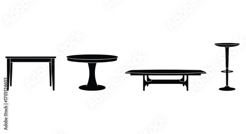 Collection of four distinct silhouetted furniture pieces in black showing tables and a stool vector