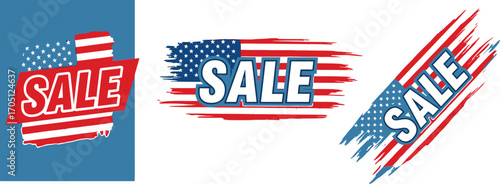 Exciting sale banners featuring American flag elements for holidays and promotions