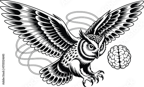 Black and white owl with outstretched wings and brain graphic
